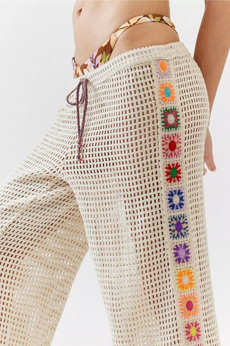 URBAN OUTFITTERS Out From Under Crochet Beach Pants Floral Sheer Pull On SIZE XS